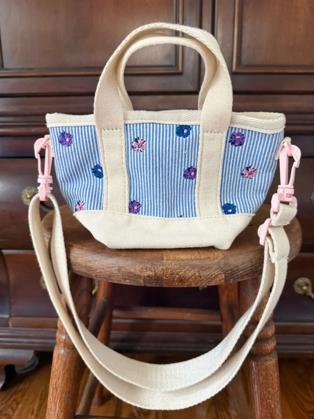 Girls Mini Canvas Tote Bag Blue Stripe Embroidered Floral Crossbody Purse